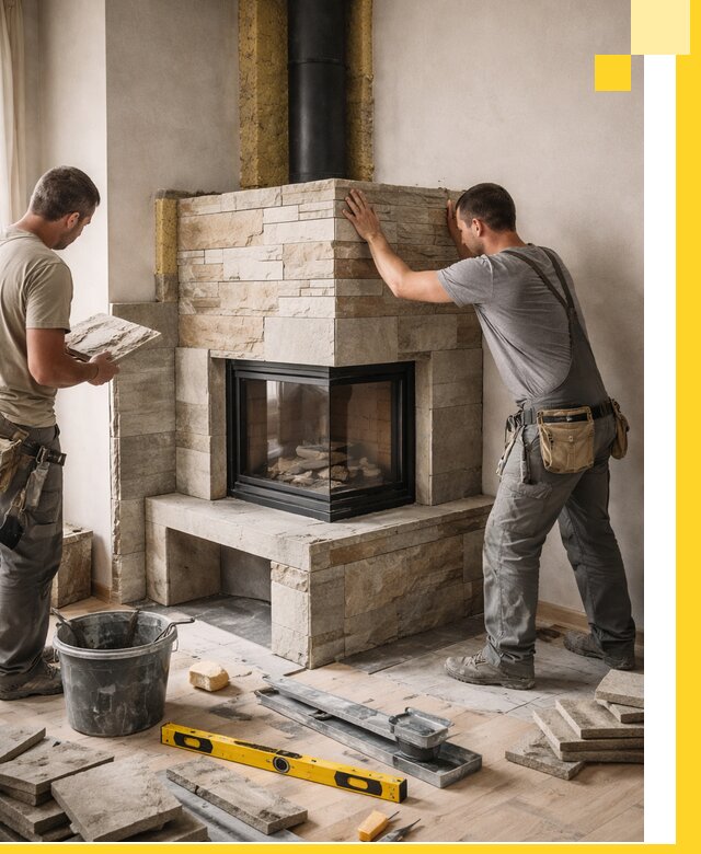 Угловые камины под ключ проект, монтаж и отделка в Мончегорске